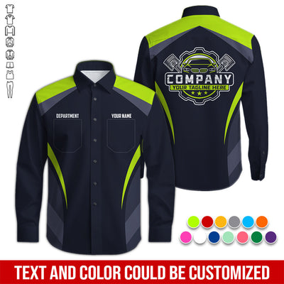 Custom Name Mechanic Shirt, Unisex Yellow Green Crew Shirt for Automotive Workers, Perfect Gift for Him, Printed Poket Shirt