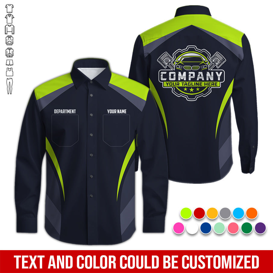 Custom Name Mechanic Shirt, Unisex Yellow Green Crew Shirt for Automotive Workers, Perfect Gift for Him, Printed Poket Shirt