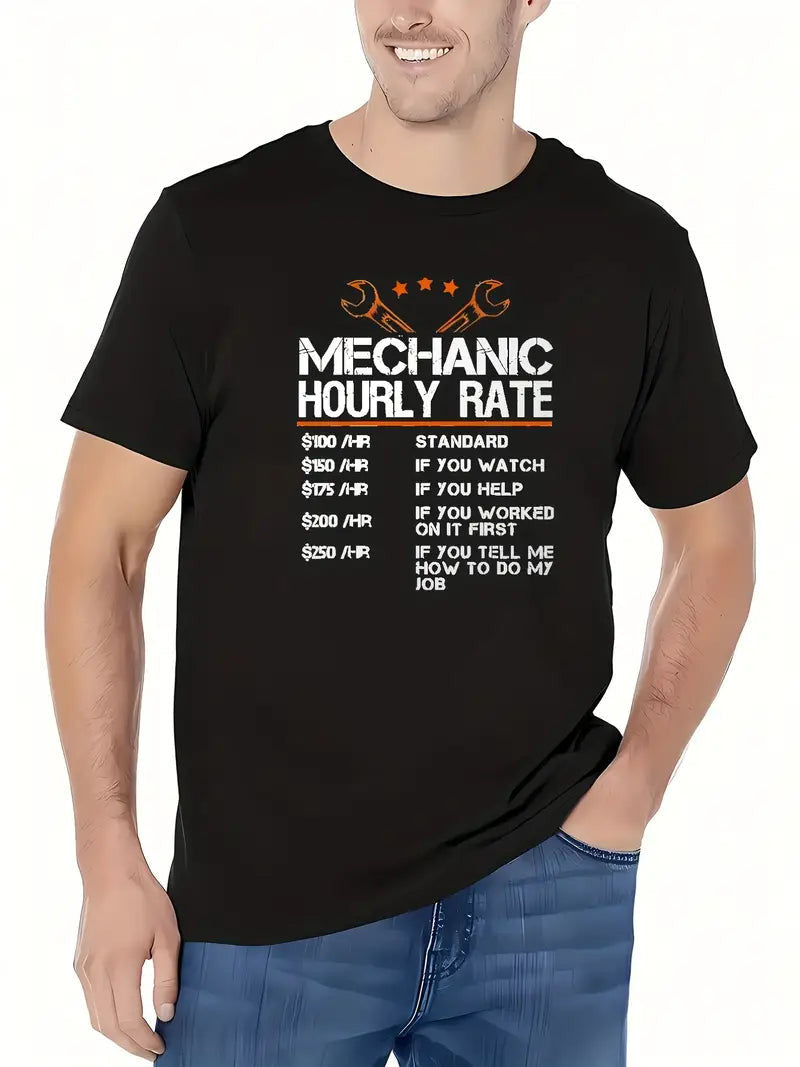 Funny Mechanic Hourly Rate Print T-Shirt, Gift for Mechanic Fathers, Tops As Gifts, T-shirt For Summer