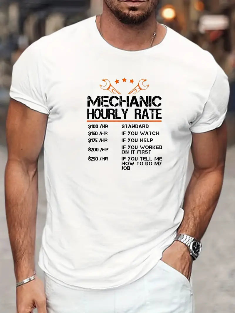 Funny Mechanic Hourly Rate Print T-Shirt, Gift for Mechanic Fathers, Tops As Gifts, T-shirt For Summer