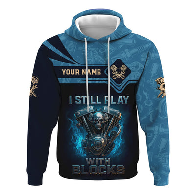 Personalized T-Shirt I Still Play With Blocks Flame Engine Skull Design Shirt for Mechanics