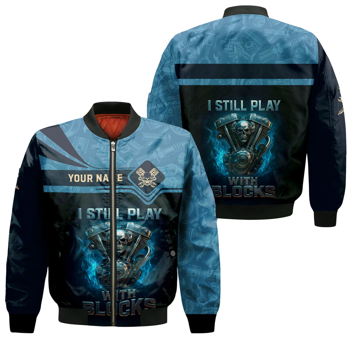 Personalized T-Shirt I Still Play With Blocks Flame Engine Skull Design Shirt for Mechanics