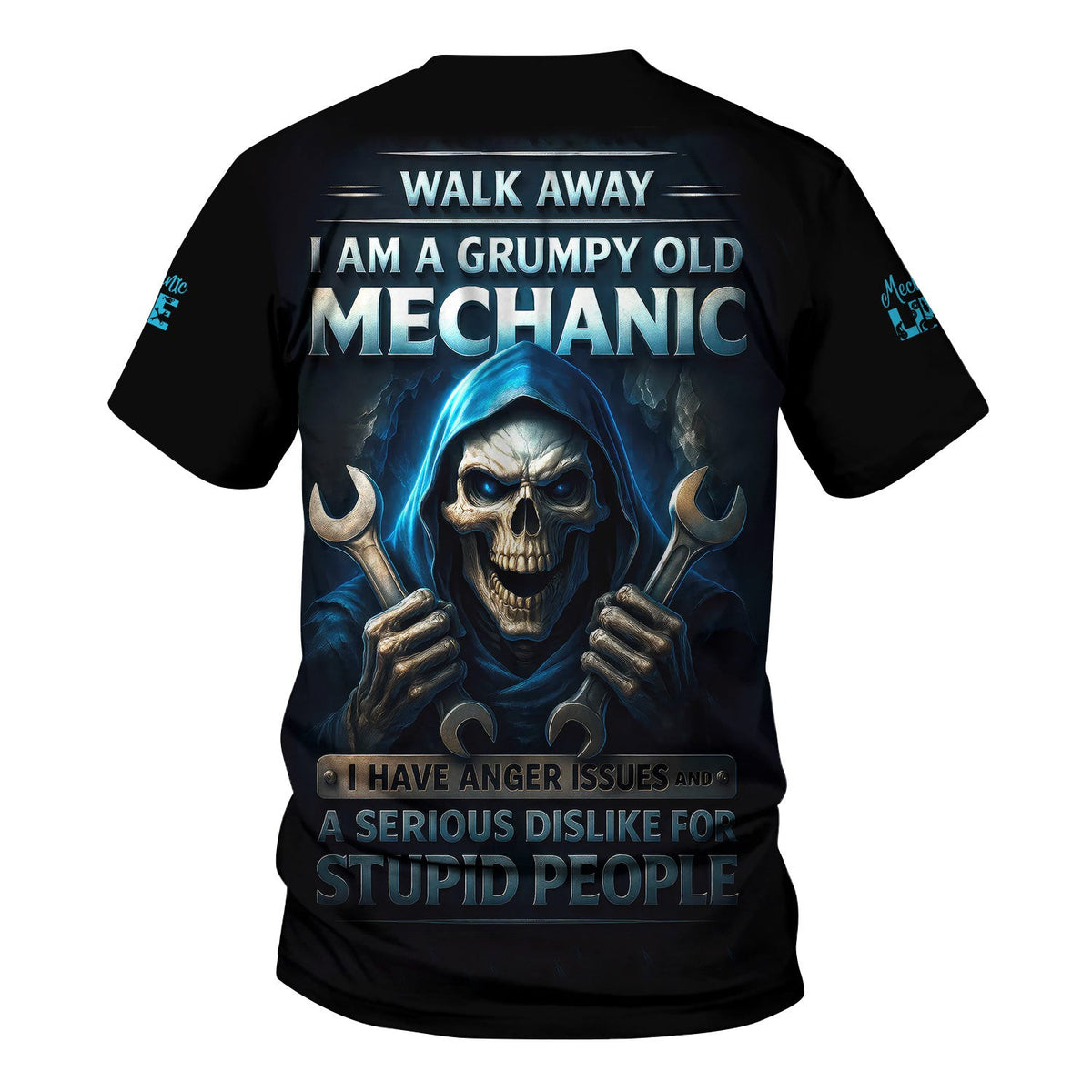 Personalized T-Shirt I Am A Grumpy Old Mechanic Blue Flame Grim Reaper Design Shirt For Mechanics