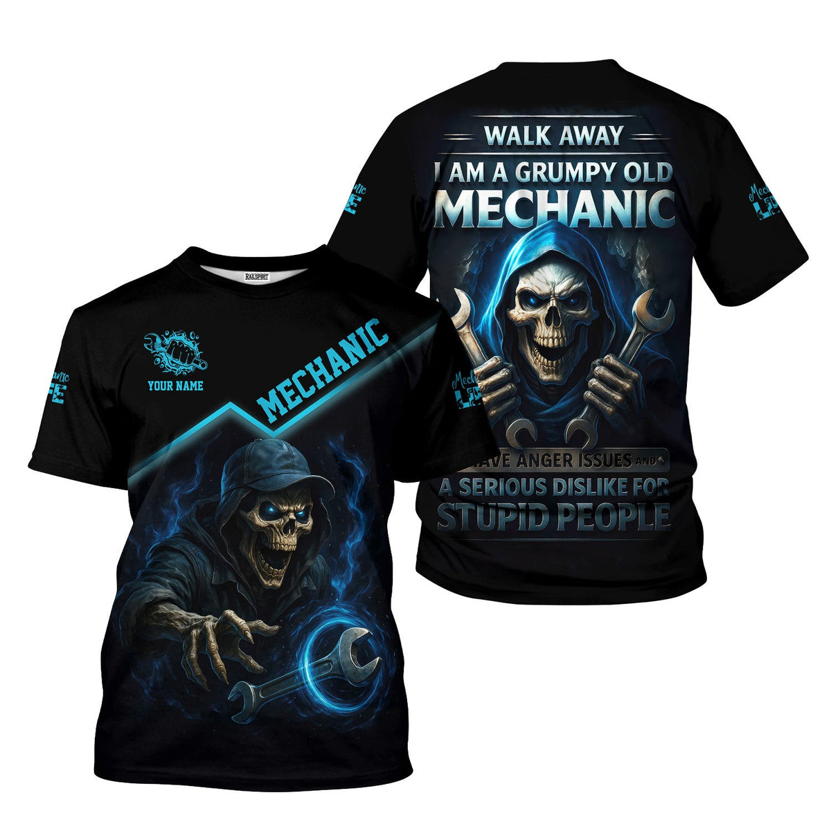 Personalized T-Shirt I Am A Grumpy Old Mechanic Blue Flame Grim Reaper Design Shirt For Mechanics