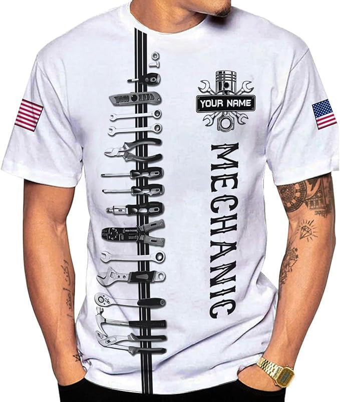 Personalized Mechanic Shirt, Unisex White Mechanic Tool Tshirt Hoodie Sweatshirt, Mechanics Equipment Apparel