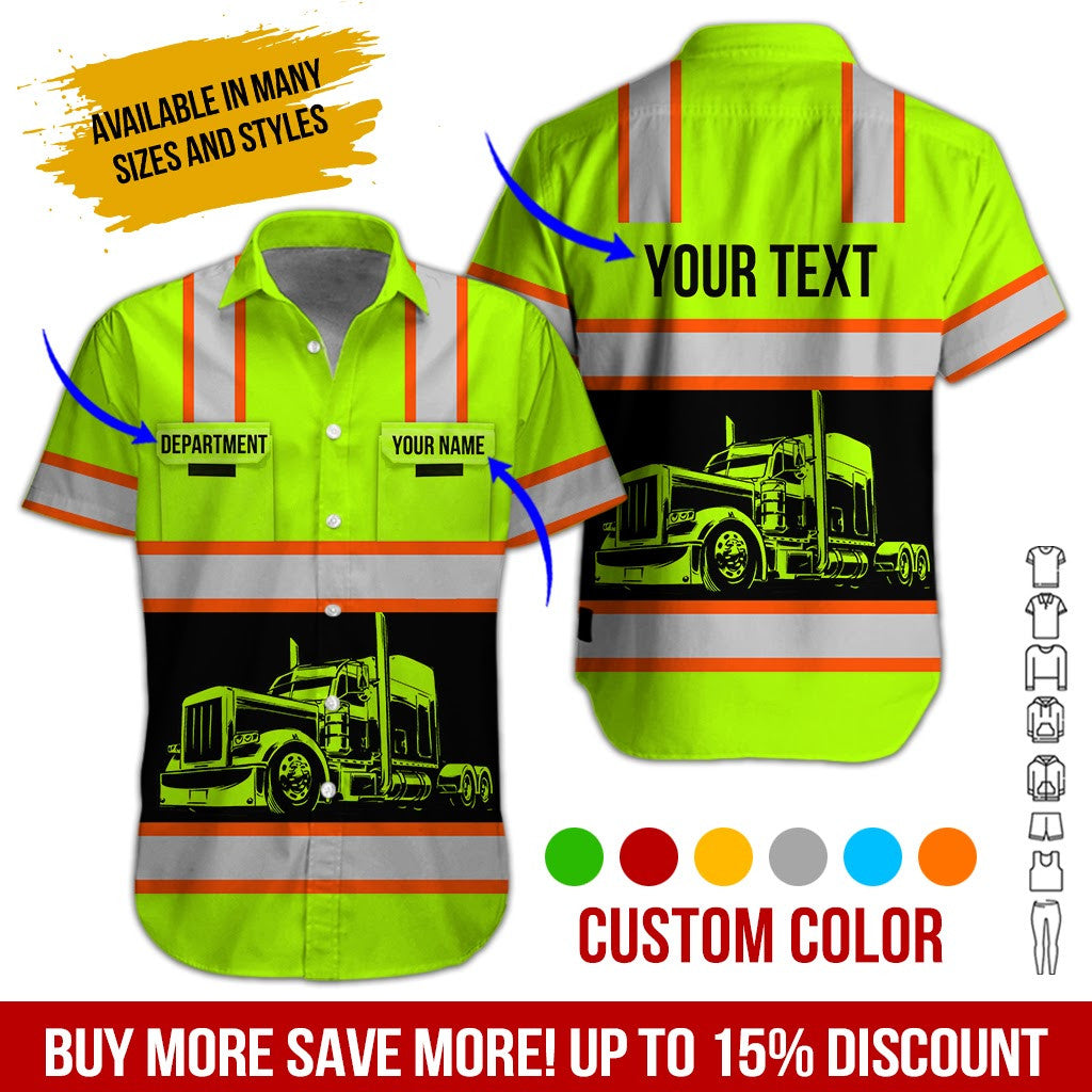 Custom Trucker Shirt, Great Gift for Driver or Husband, Unique Green Yellow Apparel Clothing, Printed Poket Shirt