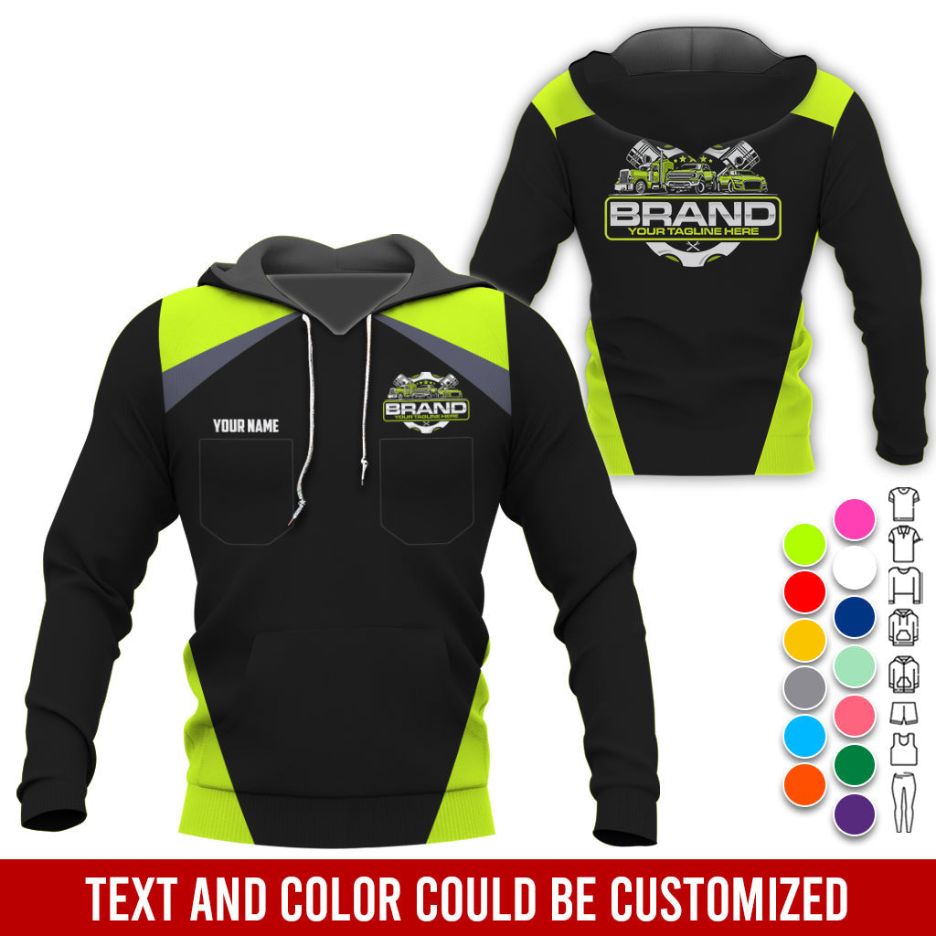 Personalized Mechanic Uniform for Men, 3D Printed Pocket Shirt for Auto Technicians, Yellow Green Color, Great Gift for Car Guys