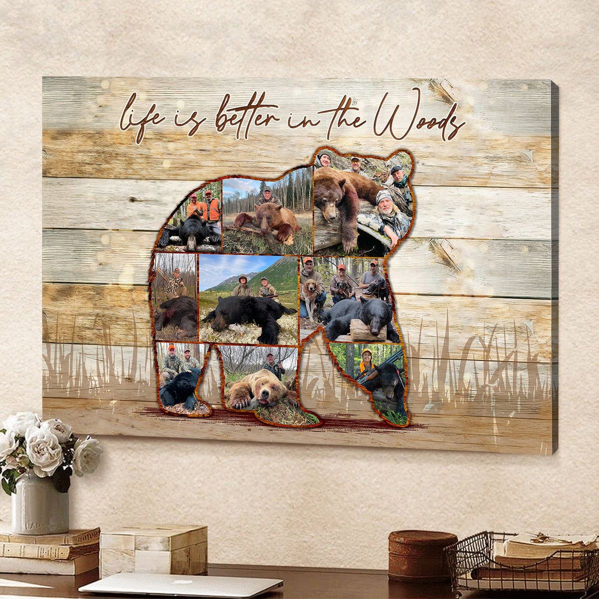 Custom Bear Hunting Canvas Print, Personalized Hunting Photo Wall Art Decor Gift for Hunters