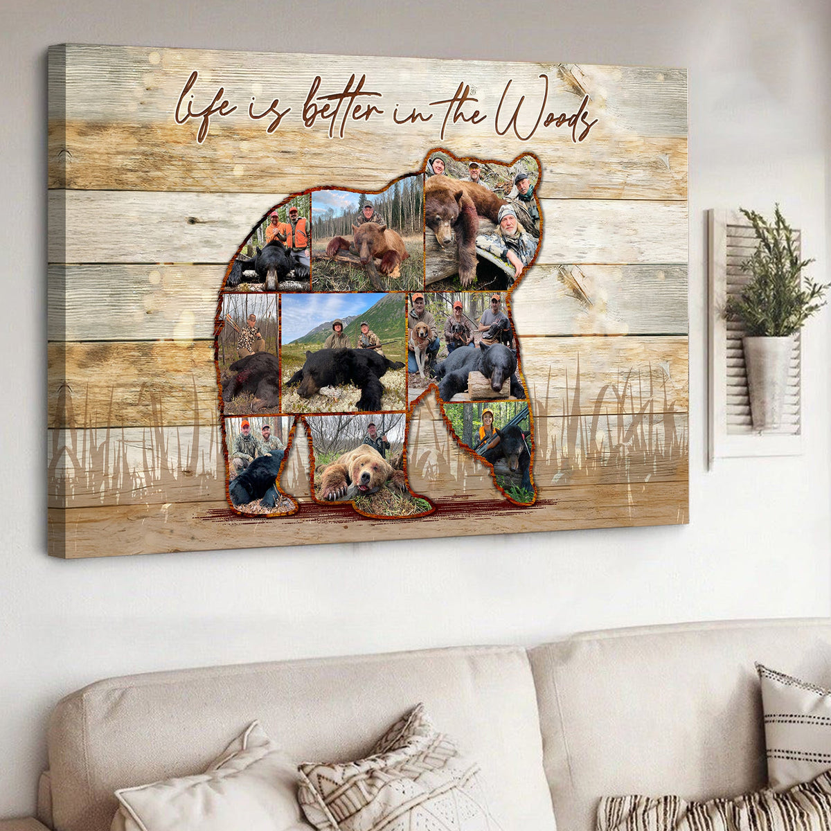 Custom Bear Hunting Canvas Print, Personalized Hunting Photo Wall Art Decor Gift for Hunters
