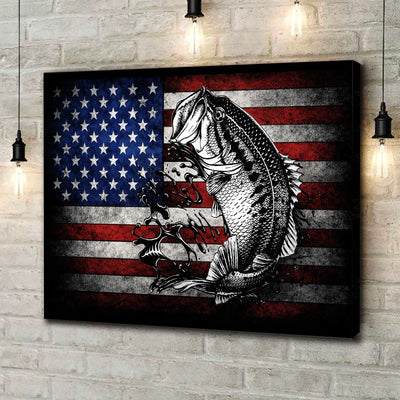 American Flag Bass Fishing Canvas Wall Art, Patriotic Fishing Fish Splash Artwork