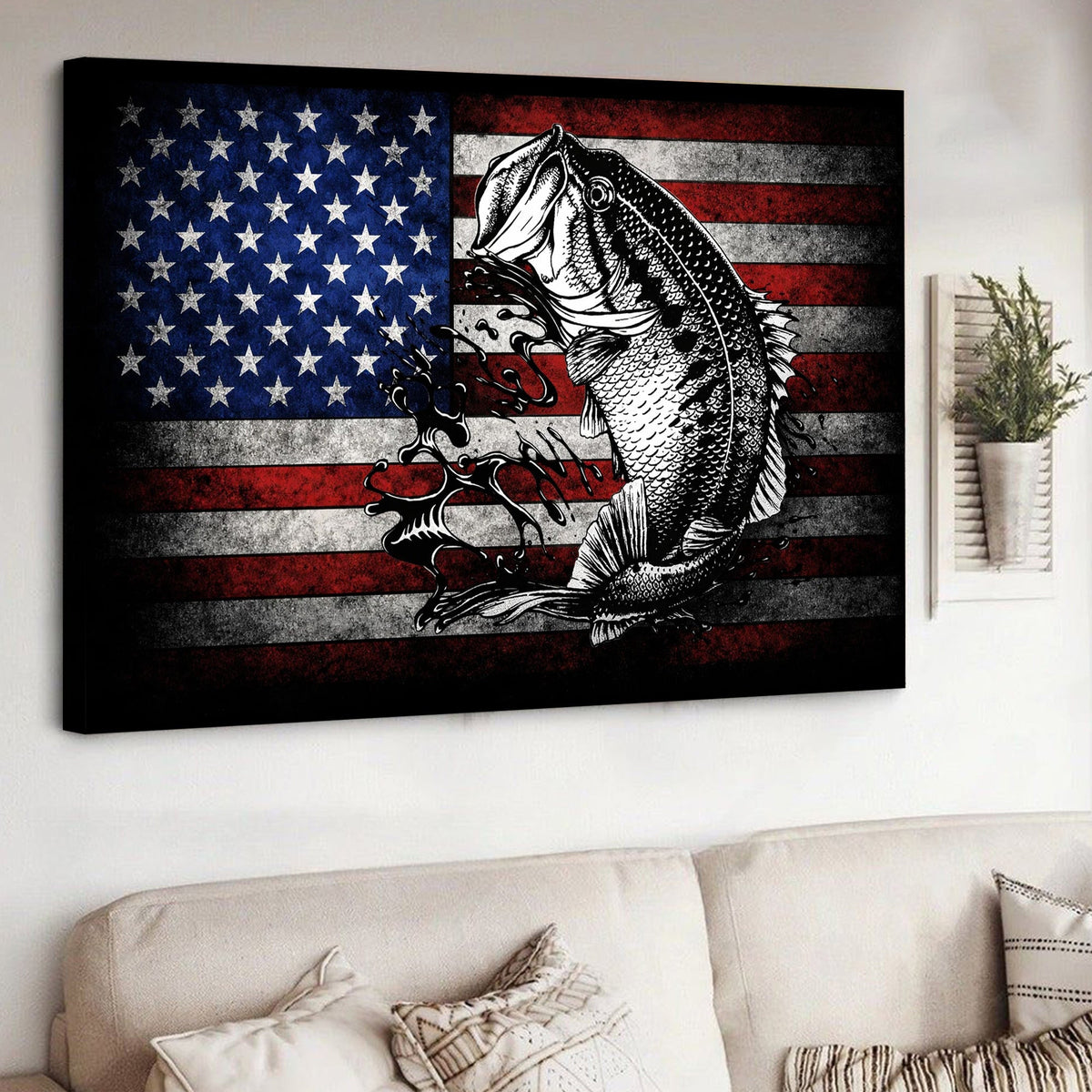 American Flag Bass Fishing Canvas Wall Art, Patriotic Fishing Fish Splash Artwork
