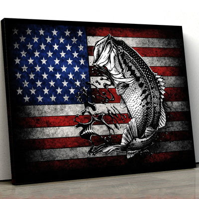 American Flag Bass Fishing Canvas Wall Art, Patriotic Fishing Fish Splash Artwork