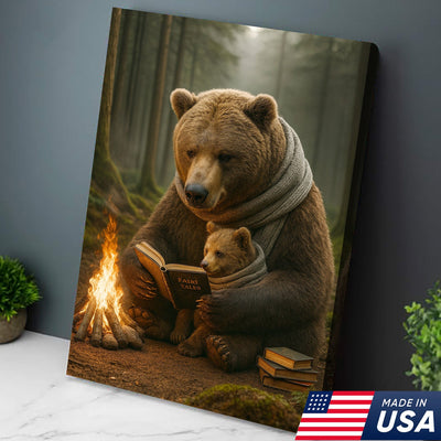 Bear Family Wall Art Canvas – Cozy Bear Reading Poster, Woodland Nursery Decor, Gift for Parents
