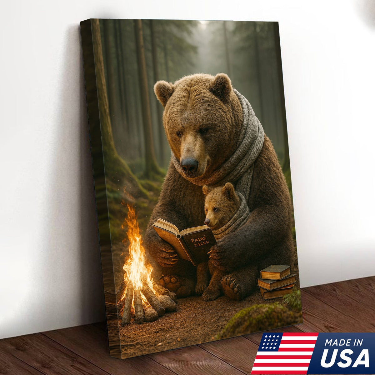 Bear Family Wall Art Canvas – Cozy Bear Reading Poster, Woodland Nursery Decor, Gift for Parents