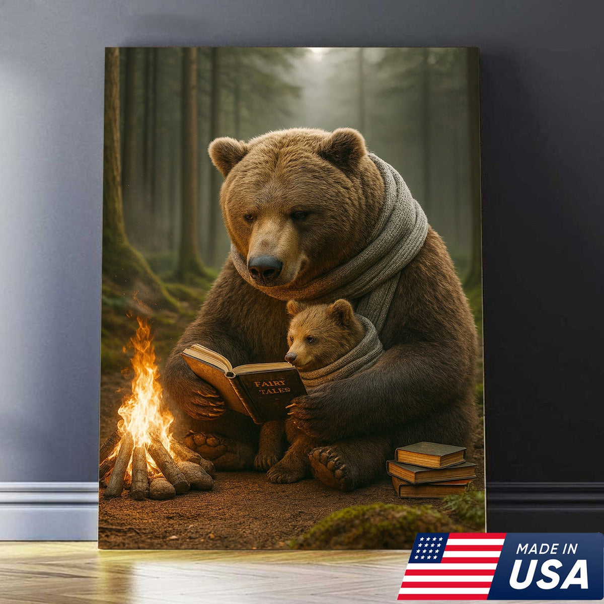 Bear Family Wall Art Canvas – Cozy Bear Reading Poster, Woodland Nursery Decor, Gift for Parents