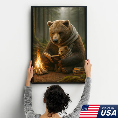Bear Family Wall Art Canvas – Cozy Bear Reading Poster, Woodland Nursery Decor, Gift for Parents
