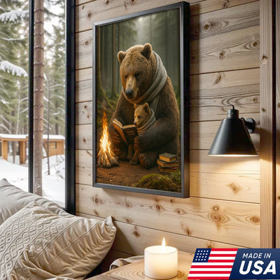 Bear Family Wall Art Canvas – Cozy Bear Reading Poster, Woodland Nursery Decor, Gift for Parents