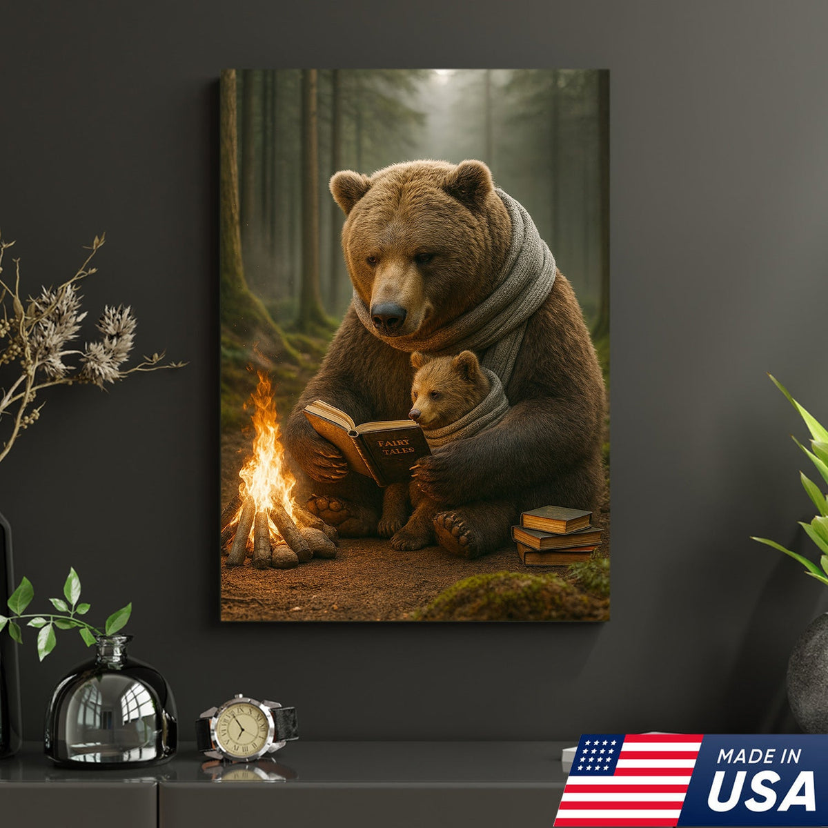Bear Family Wall Art Canvas – Cozy Bear Reading Poster, Woodland Nursery Decor, Gift for Parents