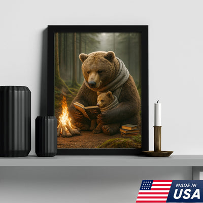 Bear Family Wall Art Canvas – Cozy Bear Reading Poster, Woodland Nursery Decor, Gift for Parents