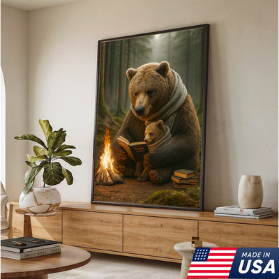 Bear Family Wall Art Canvas – Cozy Bear Reading Poster, Woodland Nursery Decor, Gift for Parents