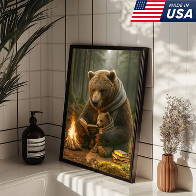 Bear Family Wall Art Canvas – Cozy Bear Reading Poster, Woodland Nursery Decor, Gift for Parents