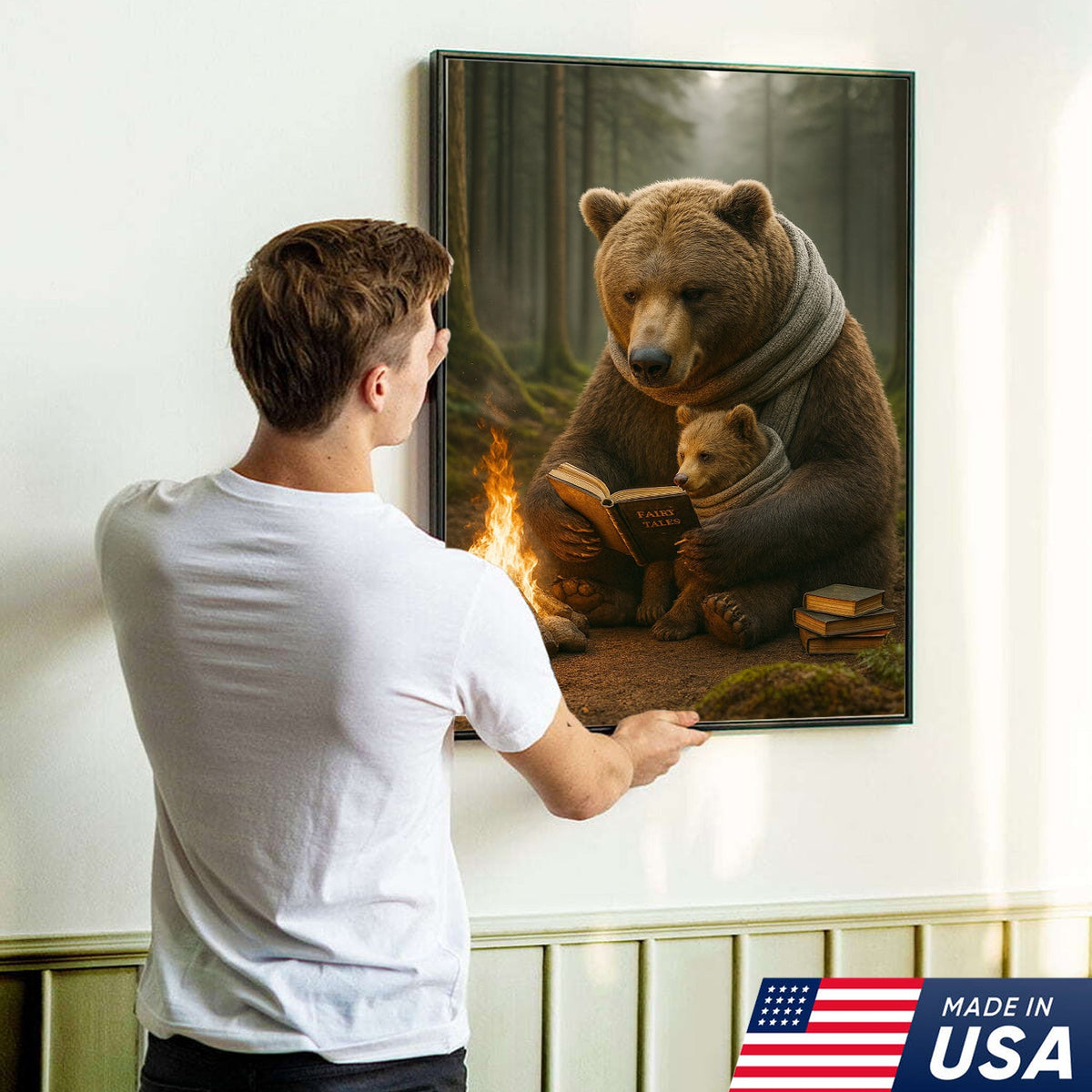 Bear Family Wall Art Canvas – Cozy Bear Reading Poster, Woodland Nursery Decor, Gift for Parents
