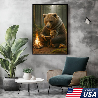 Bear Family Wall Art Canvas – Cozy Bear Reading Poster, Woodland Nursery Decor, Gift for Parents