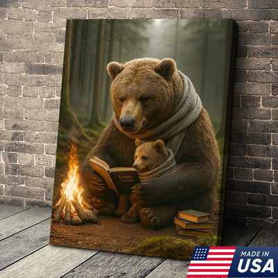 Bear Family Wall Art Canvas – Cozy Bear Reading Poster, Woodland Nursery Decor, Gift for Parents