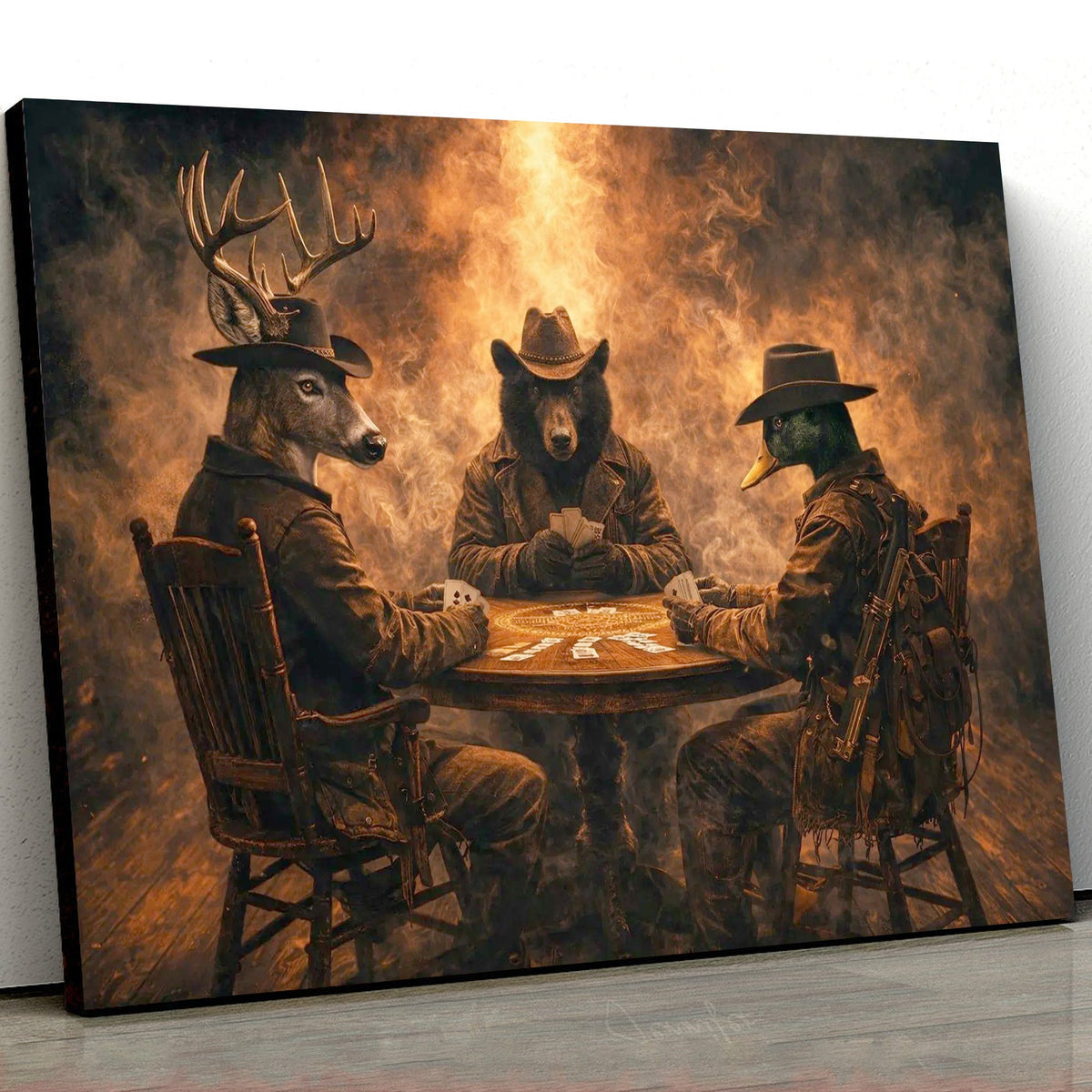 Wild West Animal Poker Canvas Wall Art – Deer, Bear and Duck Cowboy Card Game Print