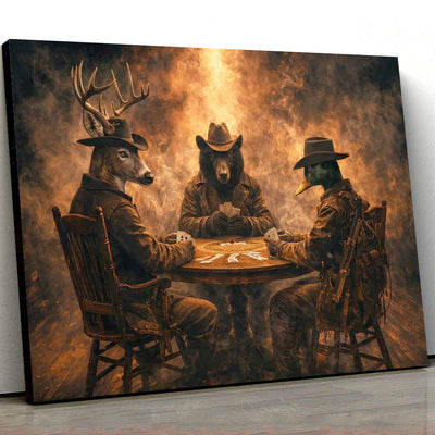 Wild West Animal Poker Canvas Wall Art – Deer, Bear and Duck Cowboy Card Game Print