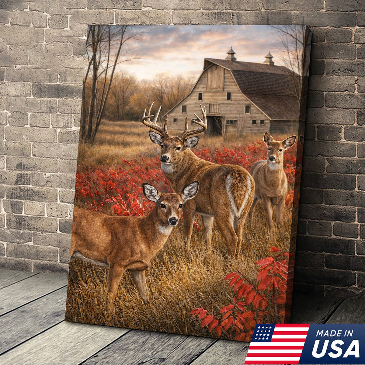 Deer Family Canvas Wall Art – Rustic Farmhouse Autumn Deer Painting Home Decor