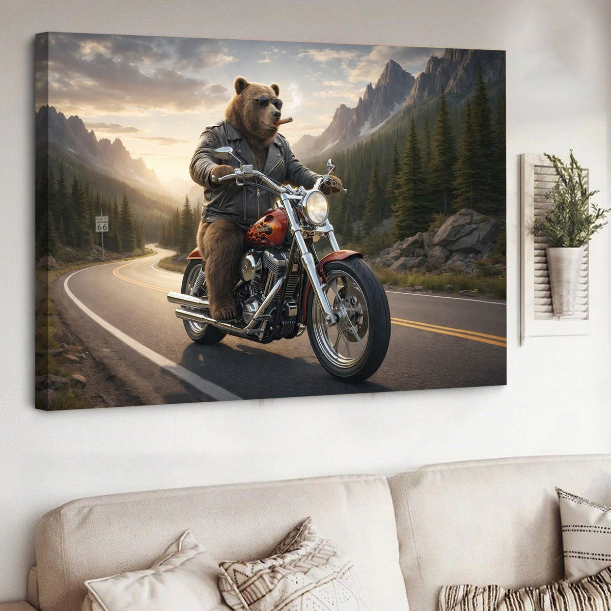 Cool Biker Bear Canvas Wall Art, Motorcycle Bear Riding Scenic Mountain Highway