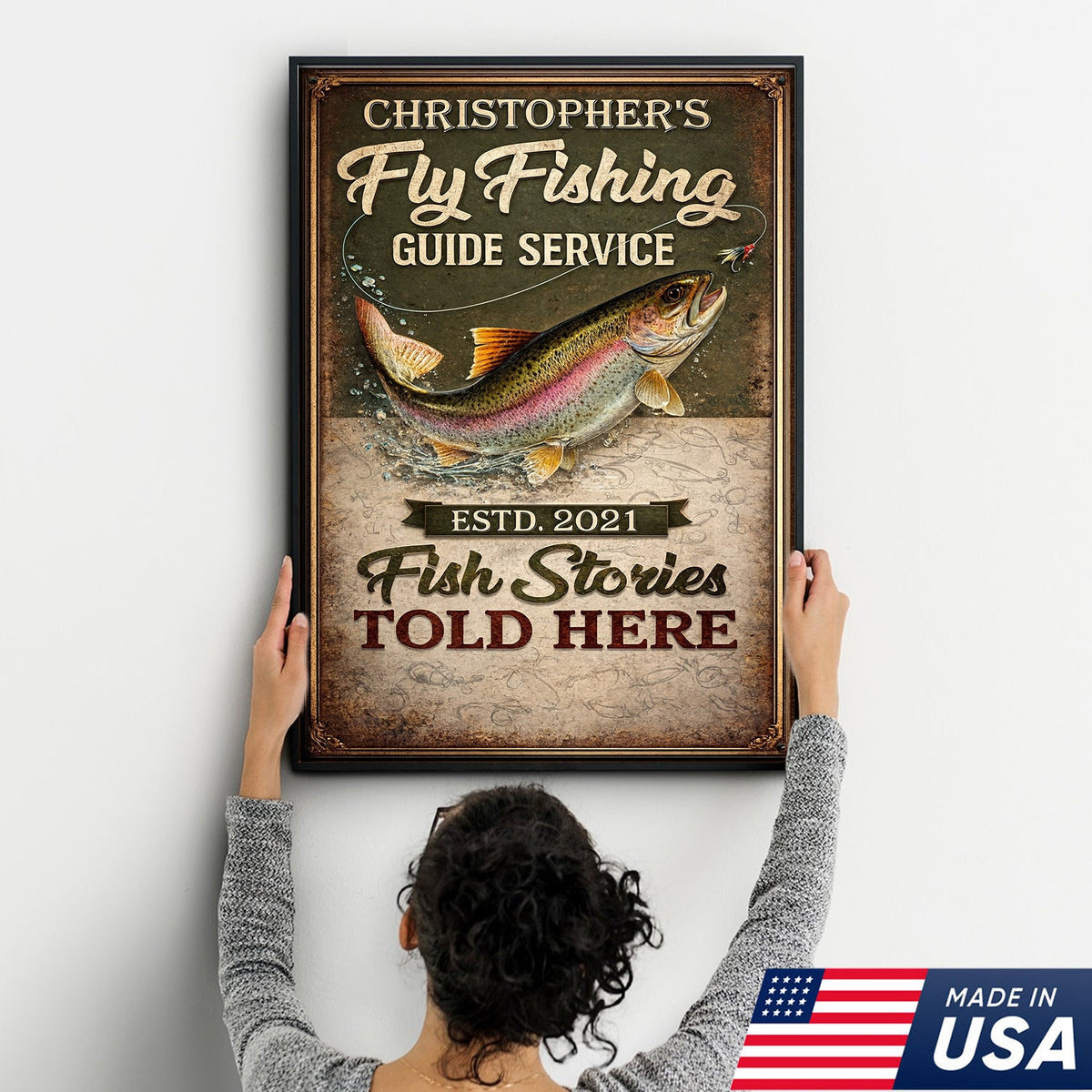 Vintage Fly Fishing Guide Service Wall Art Canvas – Retro Trout Wall Art for Cabin & Lodge Decor