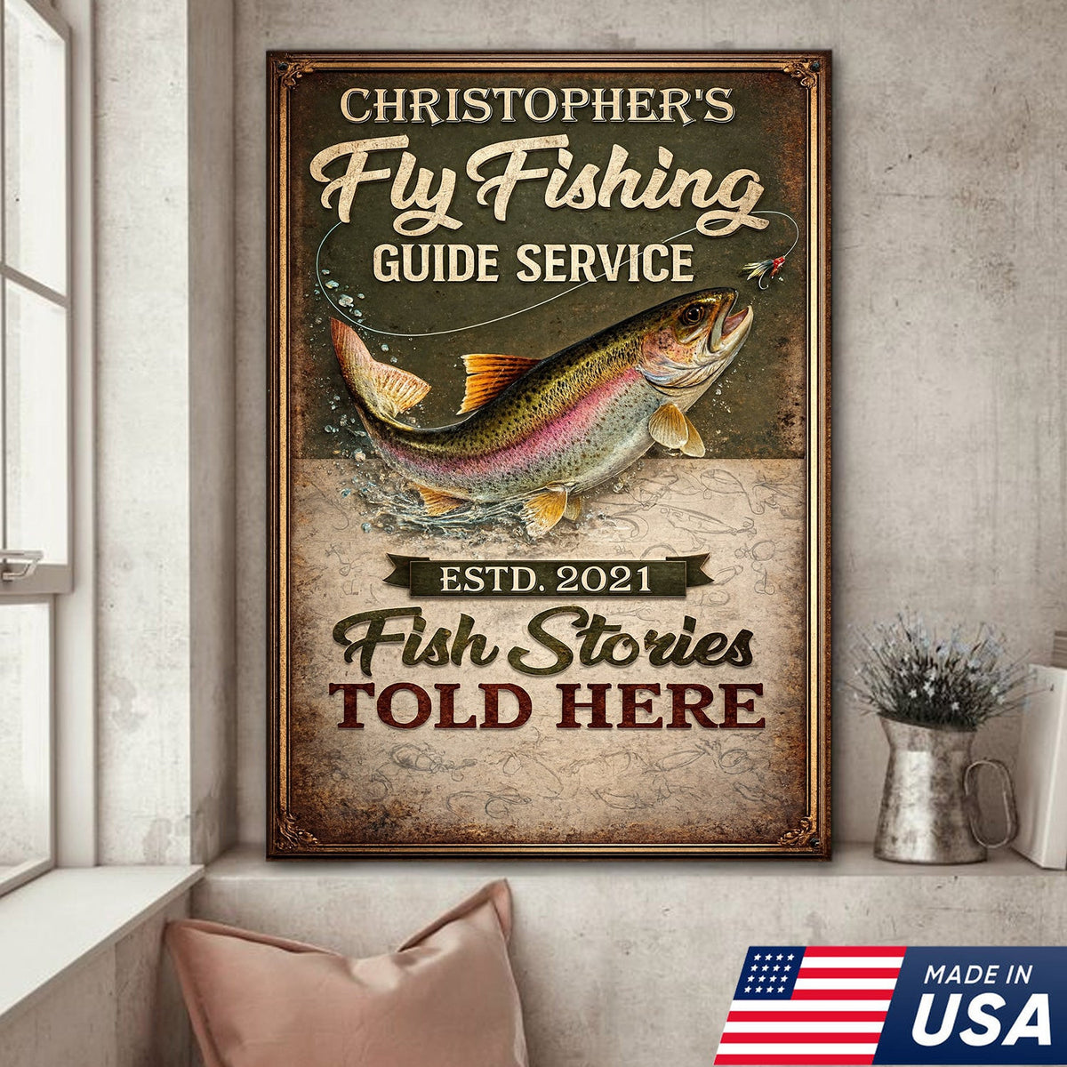 Vintage Fly Fishing Guide Service Wall Art Canvas – Retro Trout Wall Art for Cabin & Lodge Decor