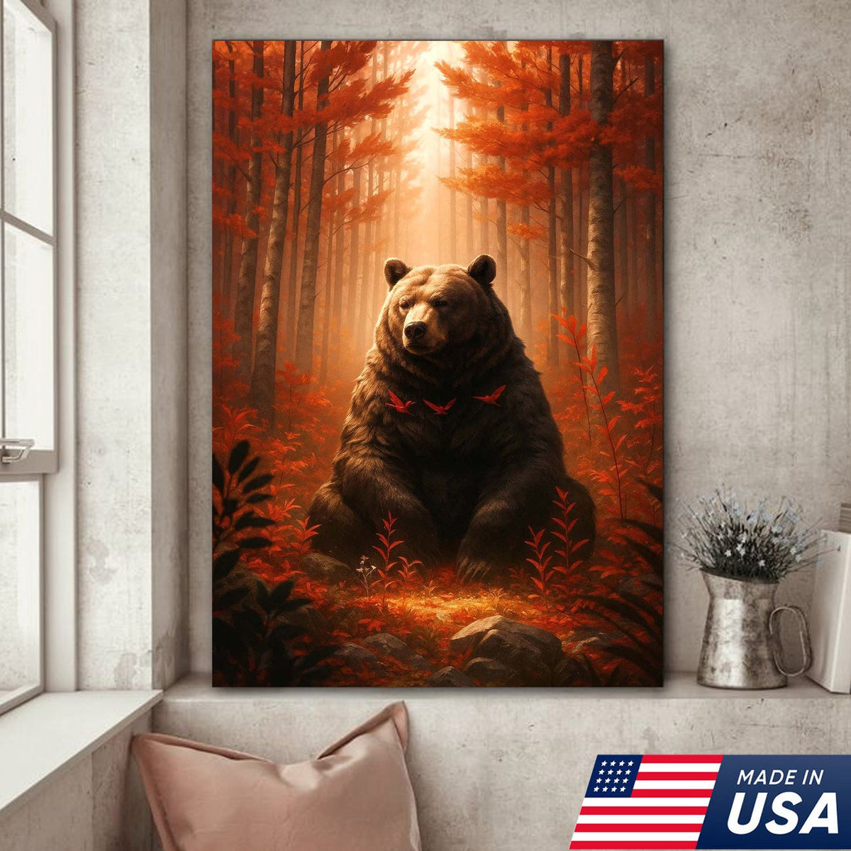 Autumn Forest Bear Canvas Wall Art, Majestic Brown Bear in Fall Woodland