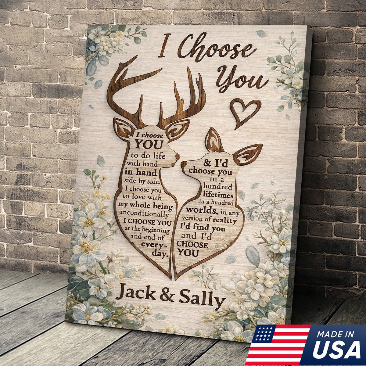 Personalized I Choose You Deer Canvas Wall Art, Custom Couple Love Quote Artwork