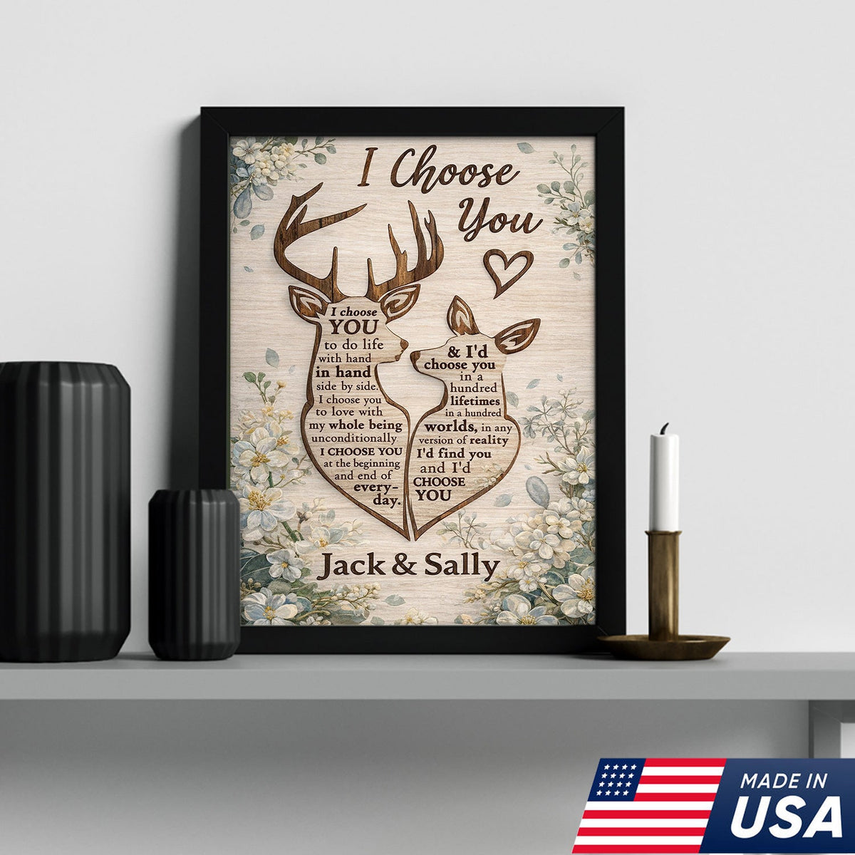Personalized I Choose You Deer Canvas Wall Art, Custom Couple Love Quote Artwork