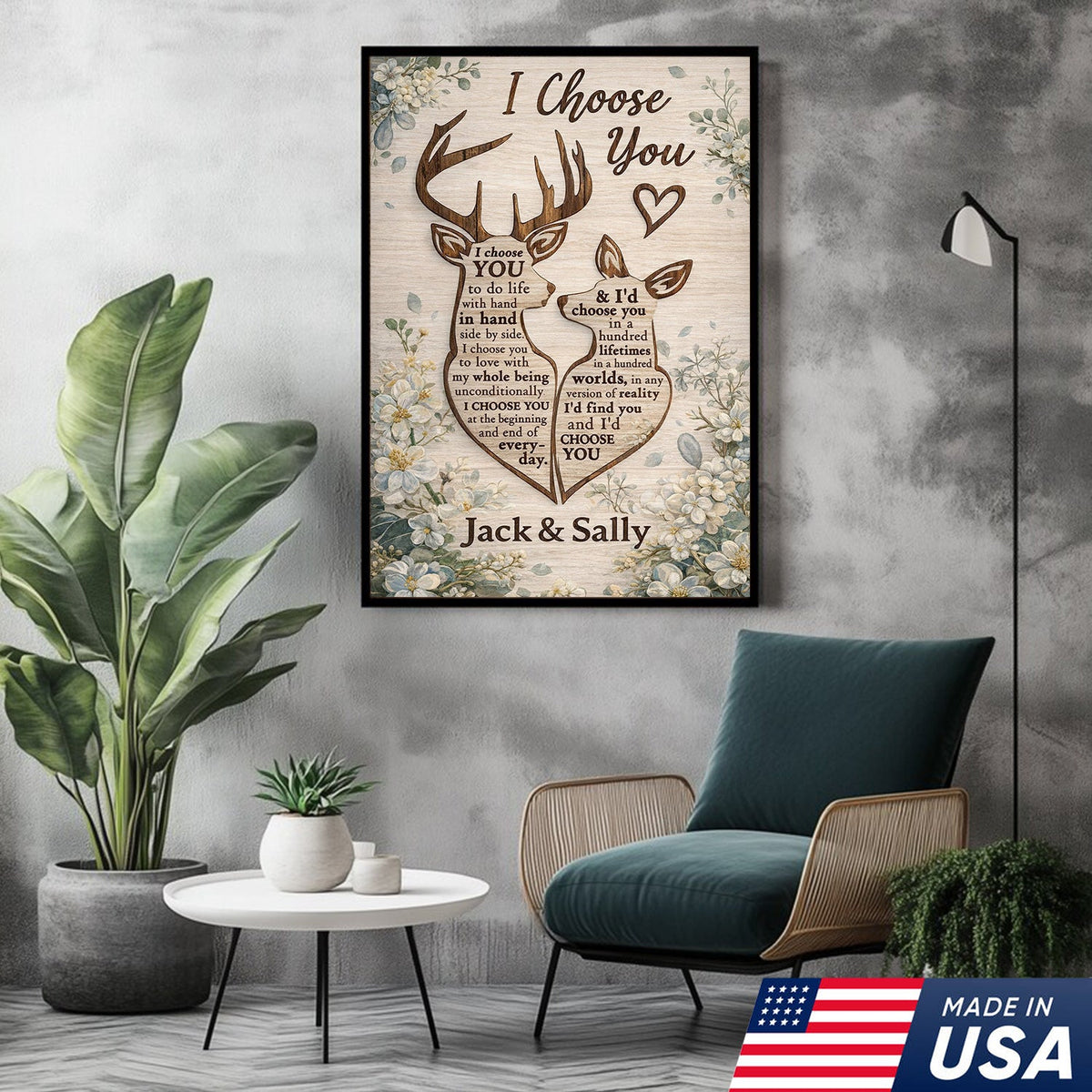 Personalized I Choose You Deer Canvas Wall Art, Custom Couple Love Quote Artwork