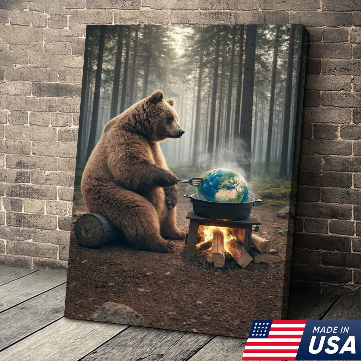 Surreal Bear Cooking Earth Canvas Wall Art, Environmental Fantasy Wildlife Illustration