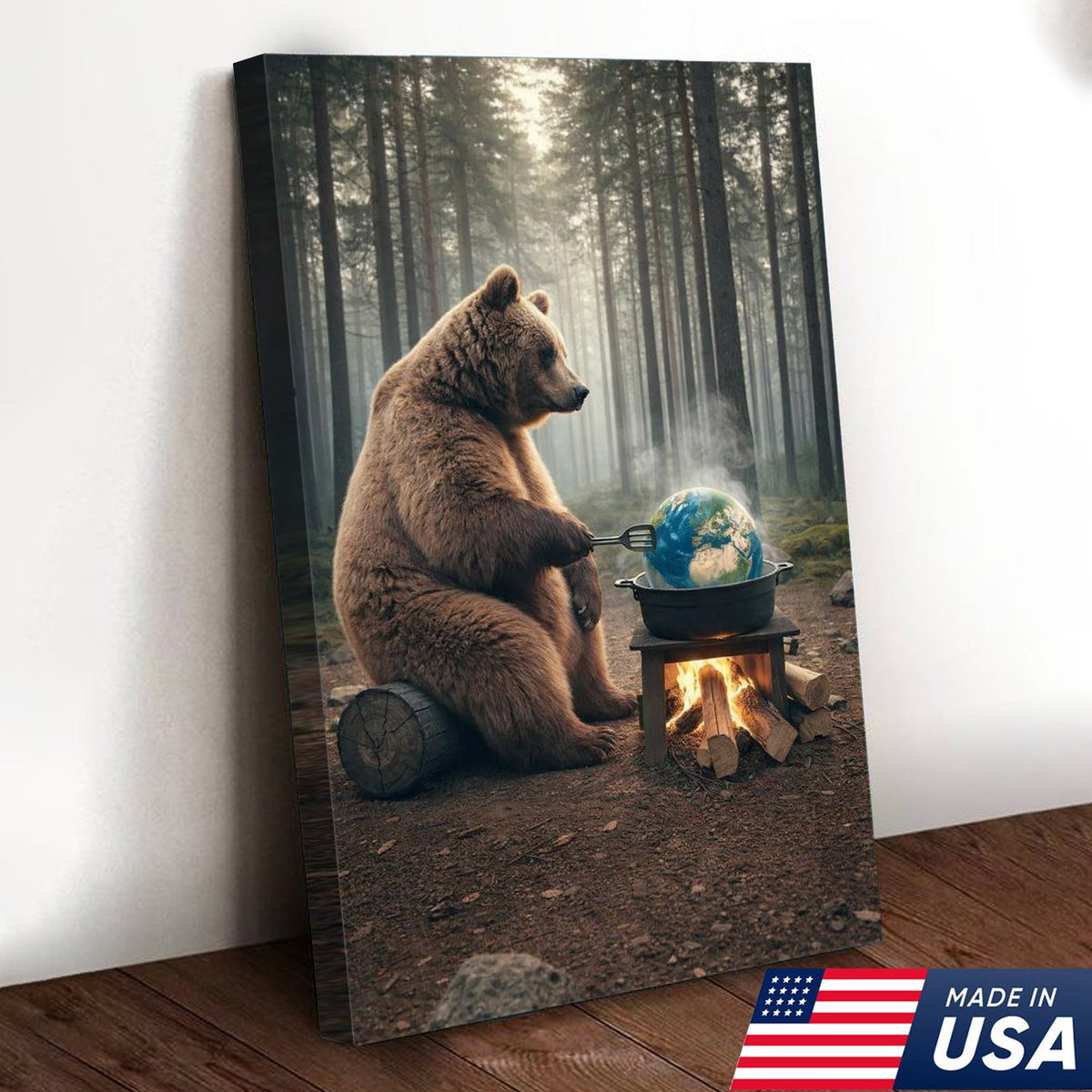 Surreal Bear Cooking Earth Canvas Wall Art, Environmental Fantasy Wildlife Illustration