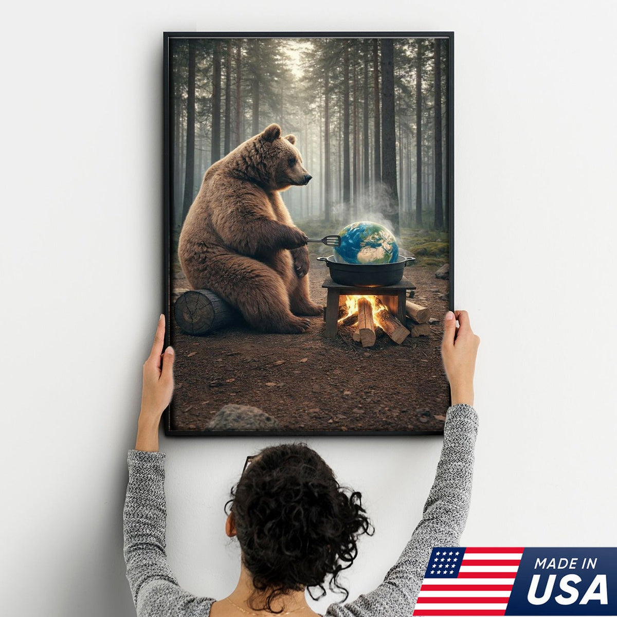 Surreal Bear Cooking Earth Canvas Wall Art, Environmental Fantasy Wildlife Illustration
