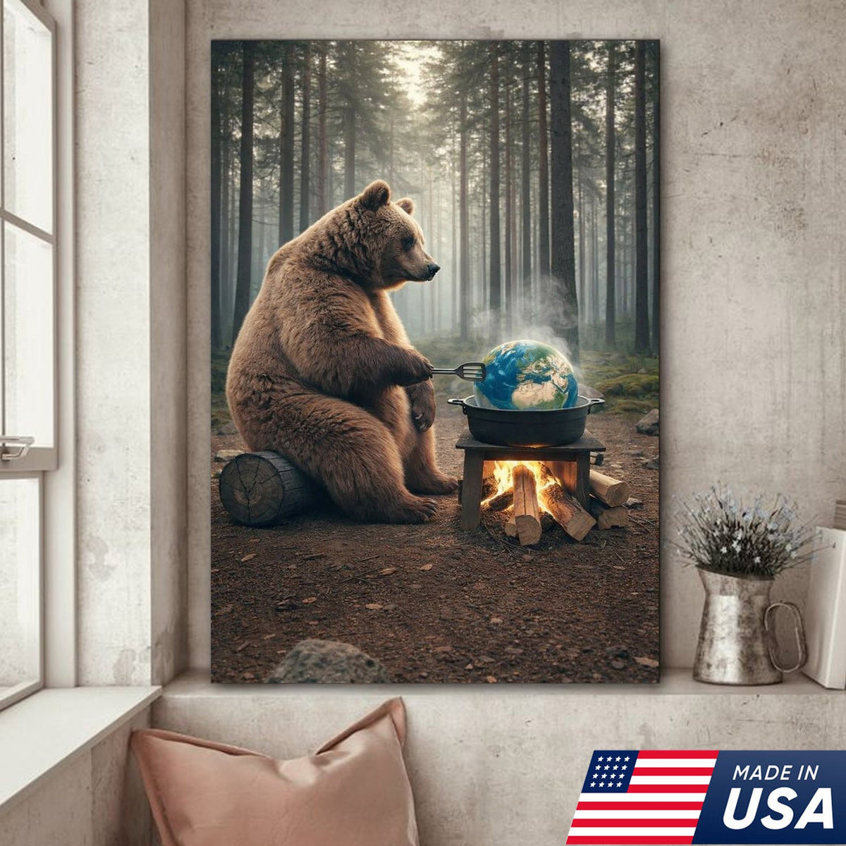 Surreal Bear Cooking Earth Canvas Wall Art, Environmental Fantasy Wildlife Illustration