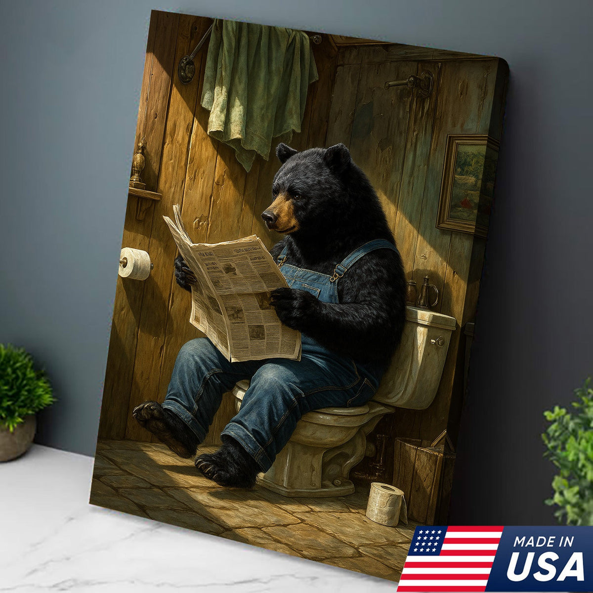 Funny Bear Reading Newspaper Bathroom Wall Art Canvas – Humorous Rustic Animal Decor Print