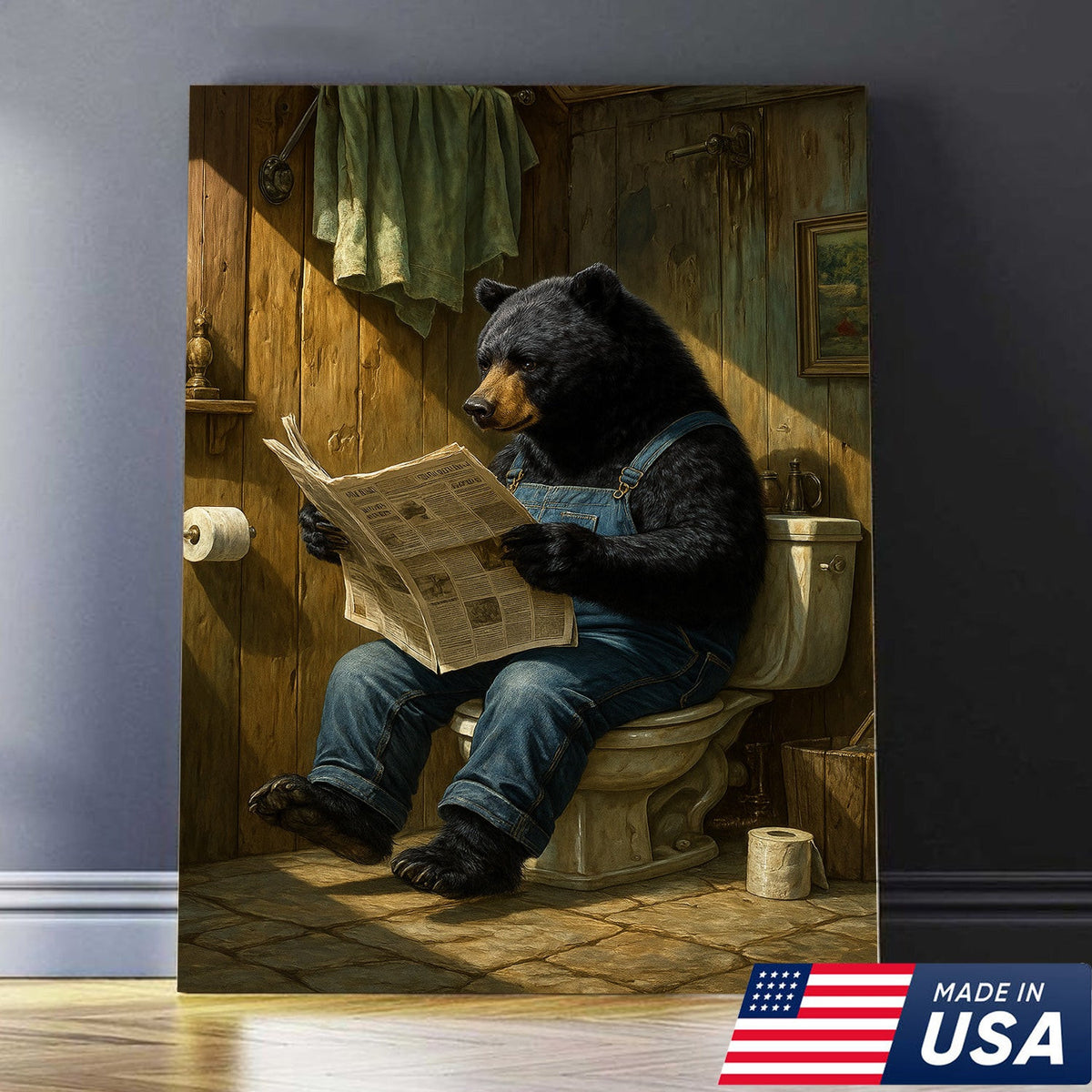 Funny Bear Reading Newspaper Bathroom Wall Art Canvas – Humorous Rustic Animal Decor Print
