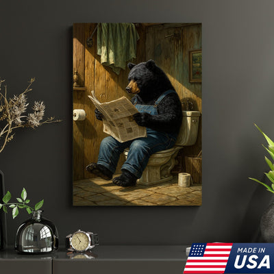 Funny Bear Reading Newspaper Bathroom Wall Art Canvas – Humorous Rustic Animal Decor Print