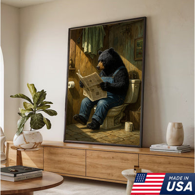 Funny Bear Reading Newspaper Bathroom Wall Art Canvas – Humorous Rustic Animal Decor Print