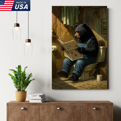 Funny Bear Reading Newspaper Bathroom Wall Art Canvas – Humorous Rustic Animal Decor Print