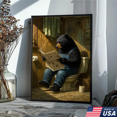 Funny Bear Reading Newspaper Bathroom Wall Art Canvas – Humorous Rustic Animal Decor Print