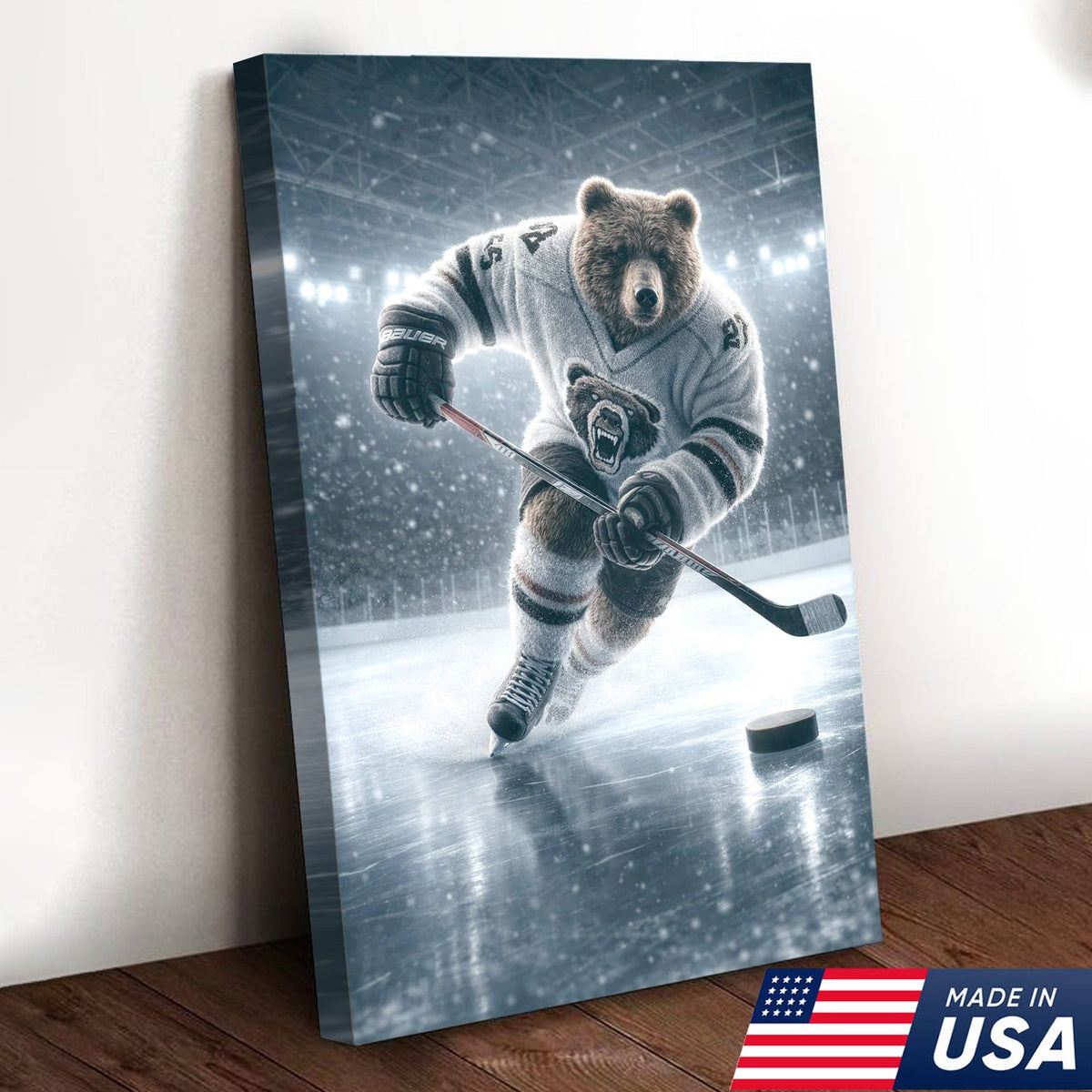 Epic Bear Ice Hockey Canvas Wall Art – Realistic Animal Athlete Print