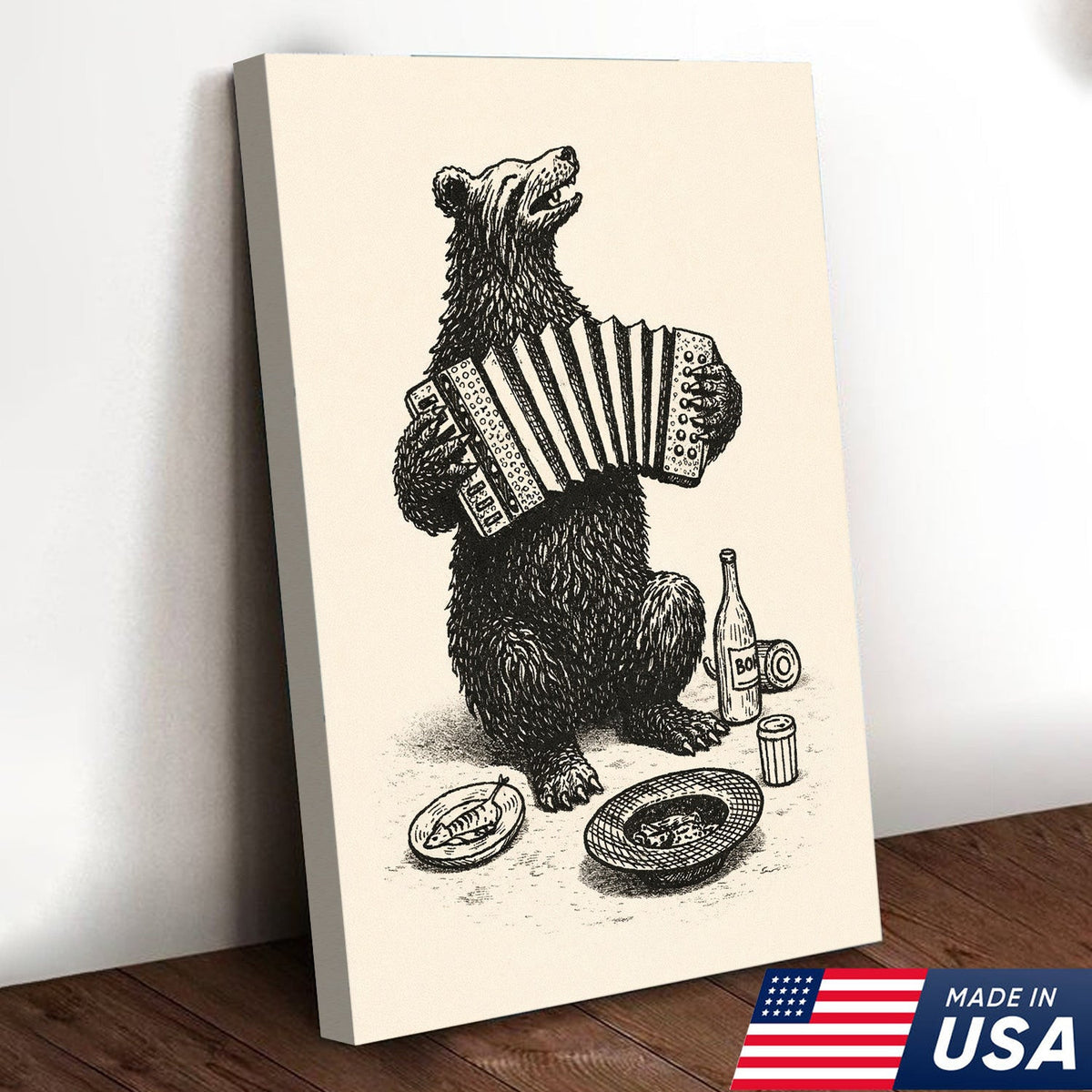 Accordion Playing Bear Illustration Canvas – Vintage Folk Wall Art with Rustic Charm